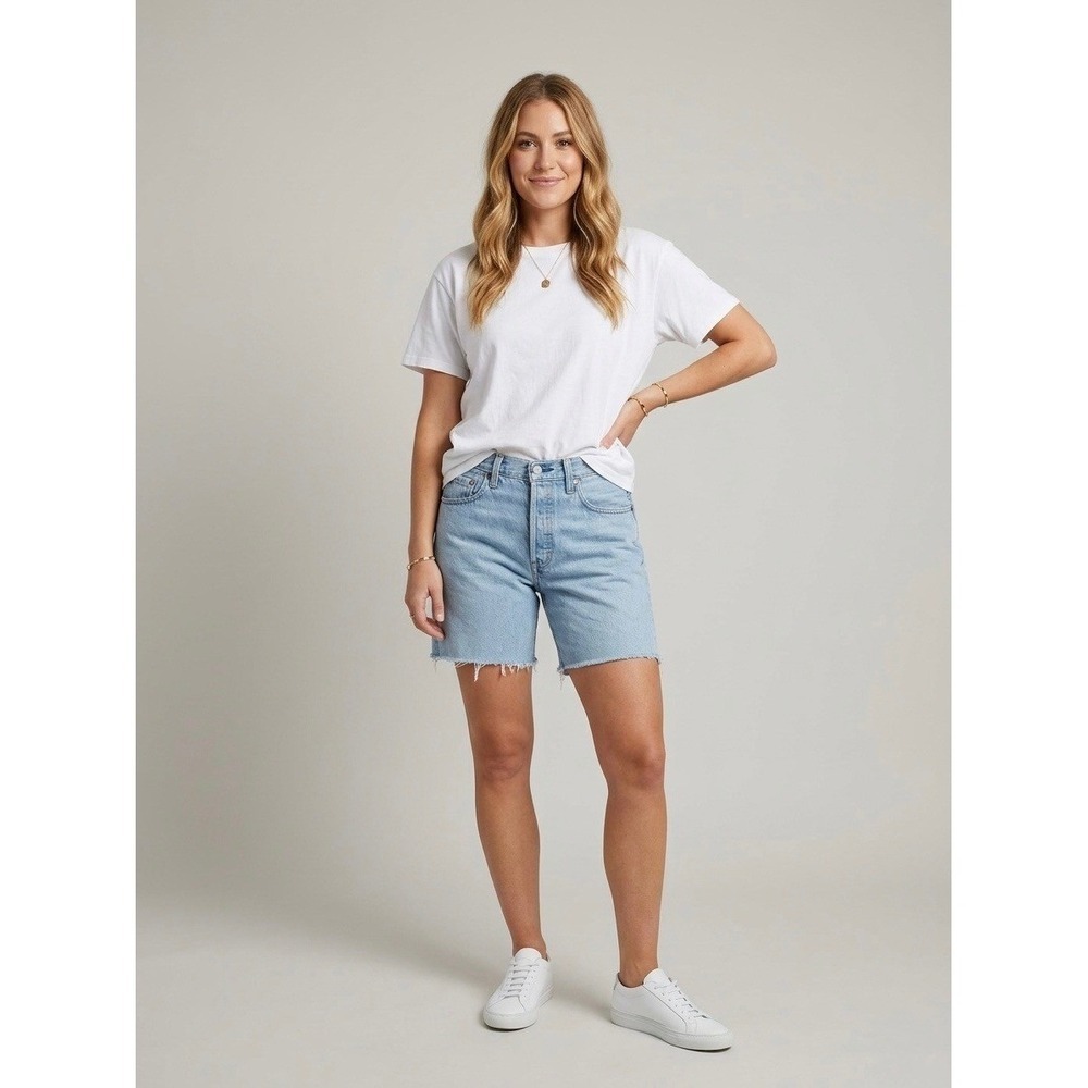 Levis Premium 501 Light Wash Blue Denim Cut Off Shorts Button Fly Raw Hem